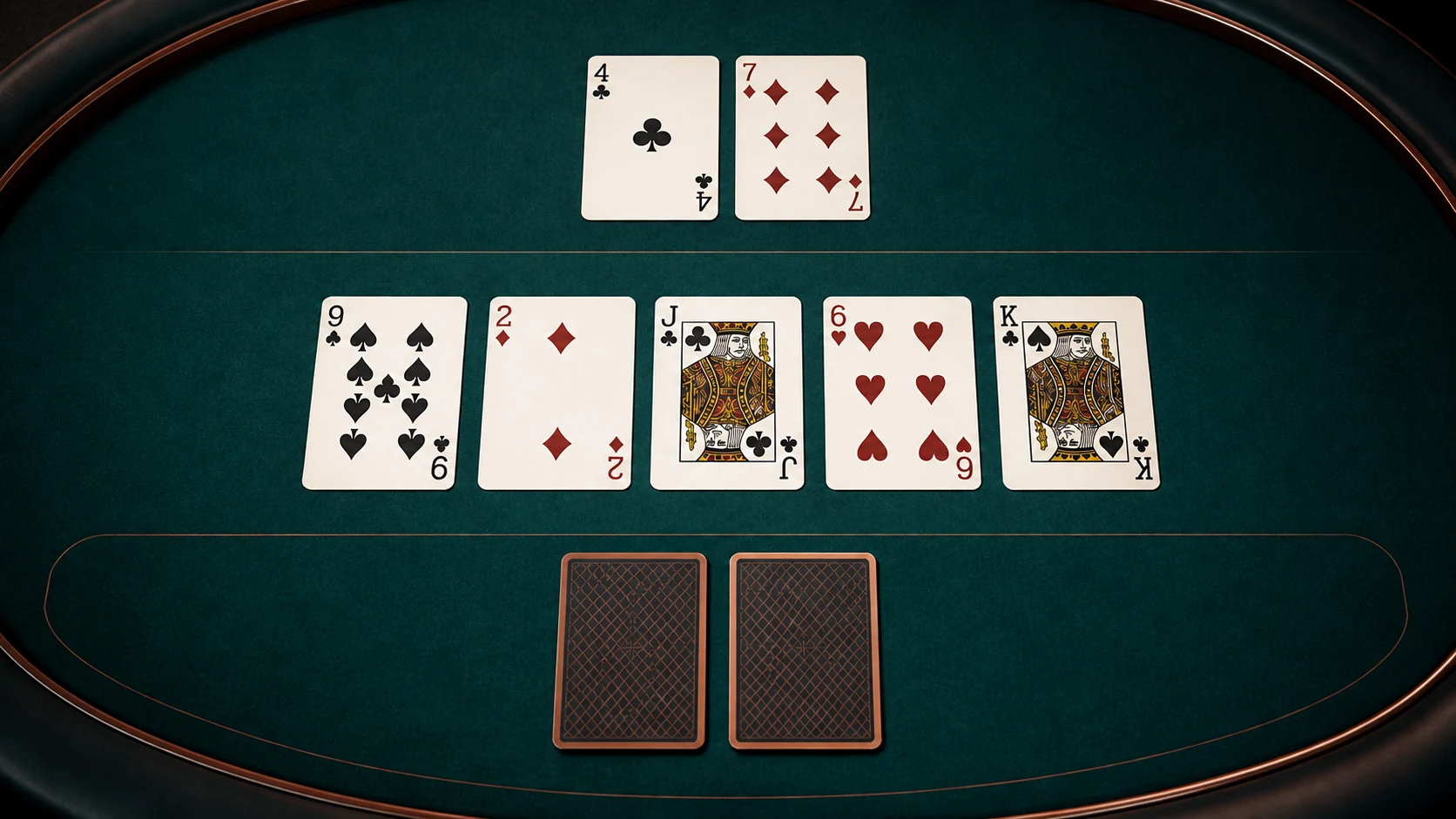 Casino Hold’em là gì: Bố cục hai lá riêng và năm lá chung minh họa Casino Hold’em