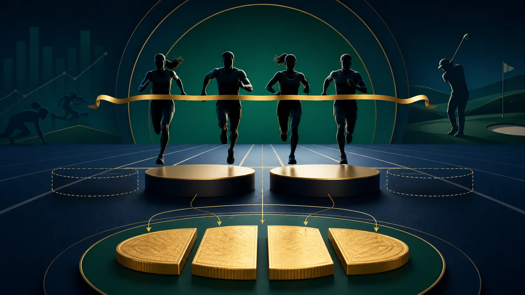 dead heat là gì: Minh họa dead heat khi nhiều vận động viên đồng hạng chia vị trí trả thưởng
