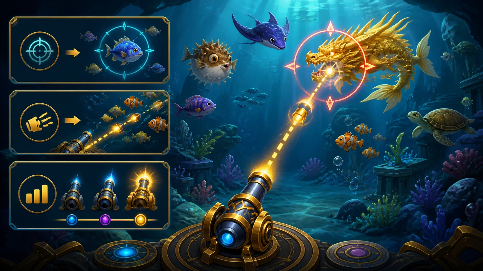 khóa mục tiêu trong bắn cá: Minh họa khóa mục tiêu, tự động bắn và các cấp đạn trong game bắn cá