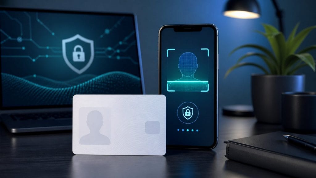 KYC Nhà Cái Là Gì? Quy Trình, Giấy Tờ Và Bảo Mật 1 KYC nhà cái là gì: Thẻ định danh và điện thoại minh họa quy trình KYC nhà cái