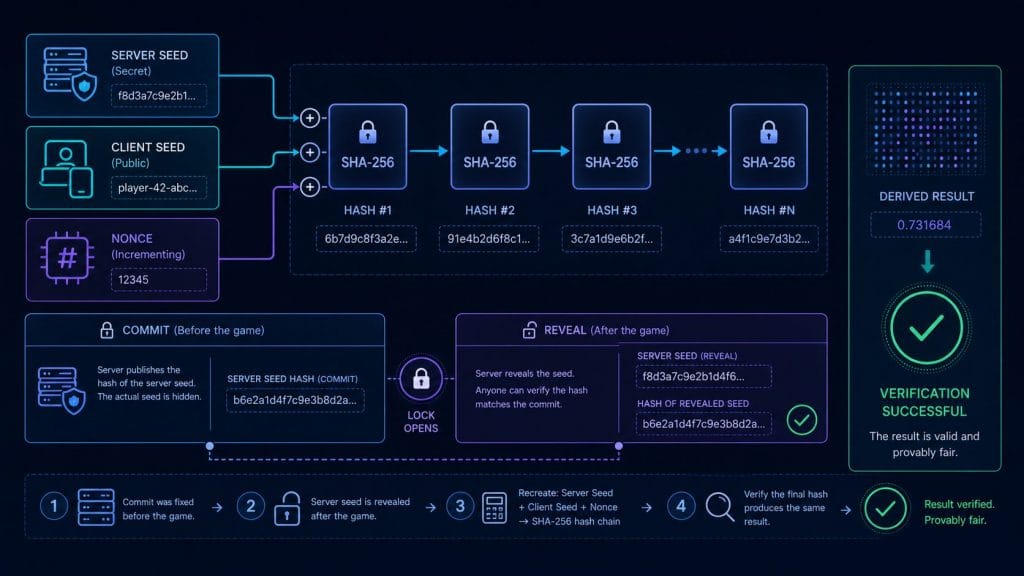 Provably Fair là gì: Sơ đồ xác minh Provably Fair bằng server seed client seed hash và nonce
