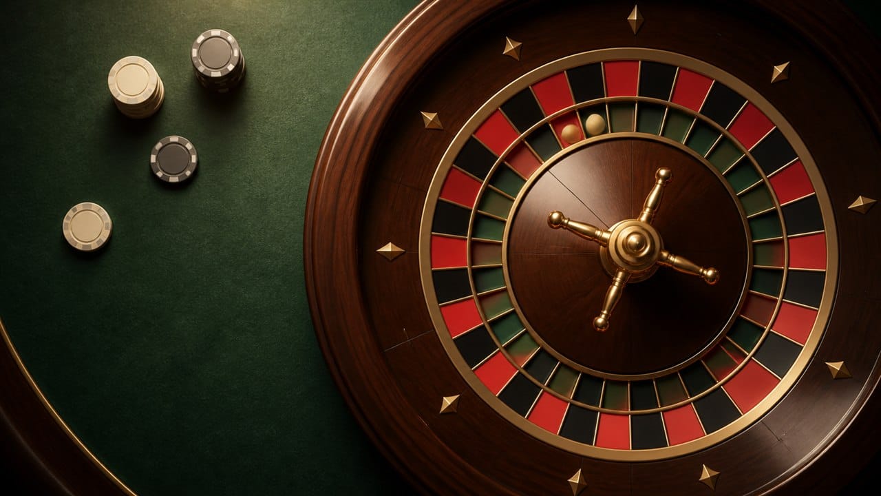 roulette là gì: Bánh xe Roulette và các chip trên bàn xanh