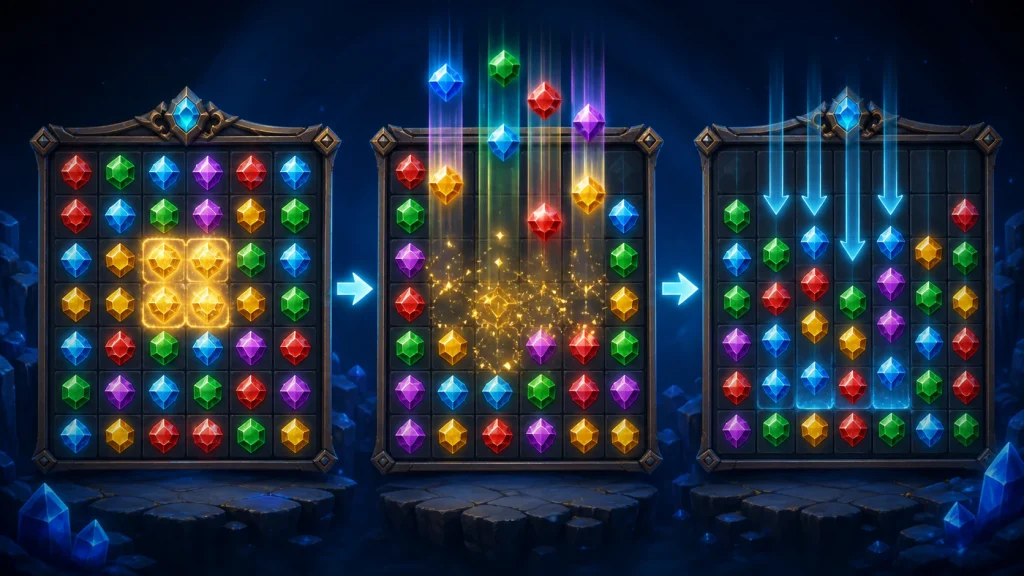 Tumble và Cascade trong slot: Minh họa các biểu tượng slot rơi xuống theo cơ chế Tumble và Cascade