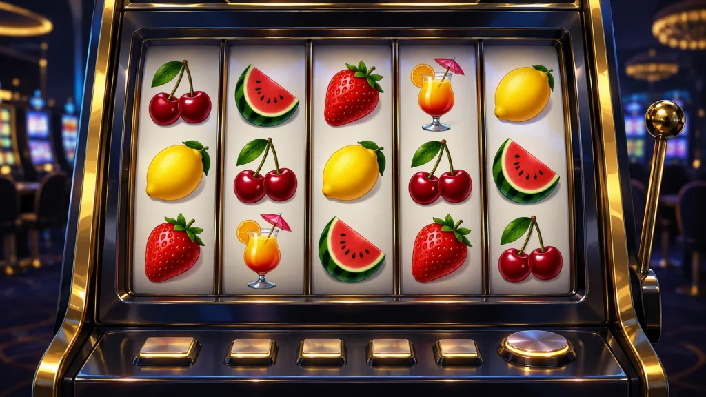 Minh họa Fruit Cocktail Slot bằng máy slot năm cuộn với các biểu tượng trái cây
