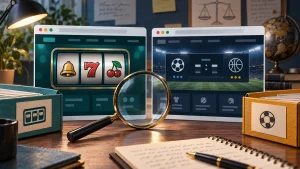 Hai giao diện minh họa slot và thể thao cạnh kính lúp, phân biệt các thương hiệu