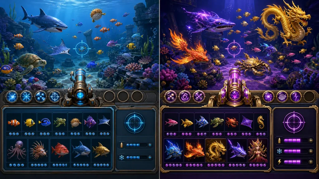 phiên bản game bắn cá: Minh họa hai phiên bản và phòng chơi khác nhau của game bắn cá